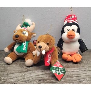 1998 Coca Cola Coke Plush Christmas Ornaments w/Tags Set Of 3 Seal Moose Penguin
